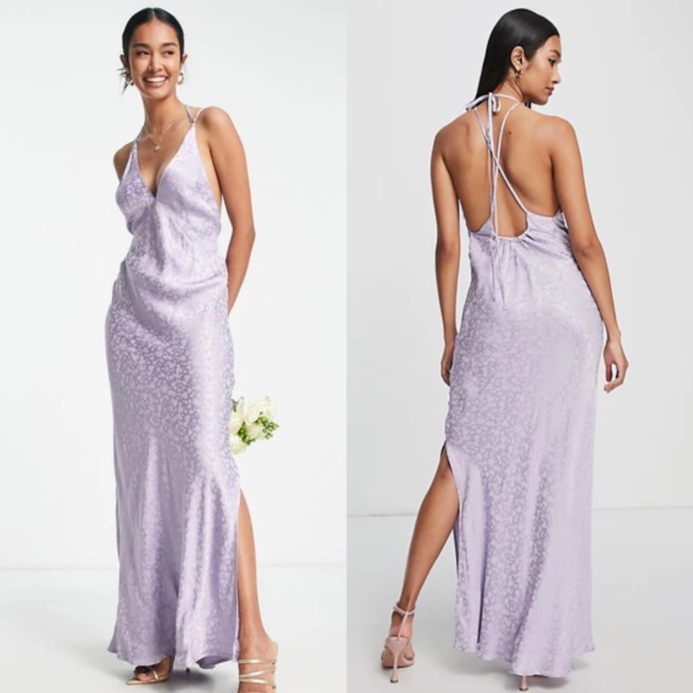 Topshop Bridal Heart Jacquard Halter Satin Maxi Slip Dress Lilac Lavender Size 6